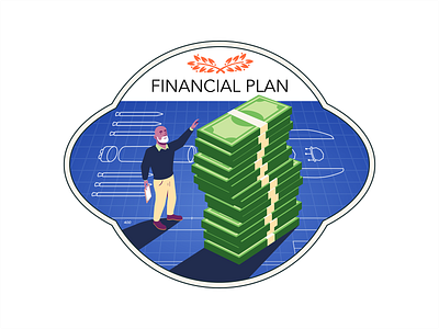 Startup - Financial plan badge blueprint branding charachterdesign design economy financial icon illustration infographic man plan space startup