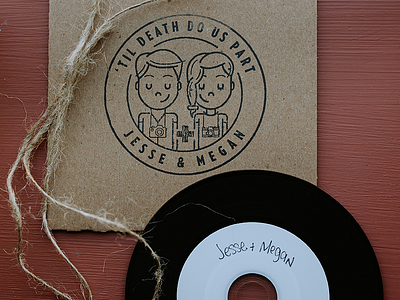 J+M Wedding Mixtape bride cartoon groom illustration mixtape packaging stamp til death do us part typography vinyl wedding