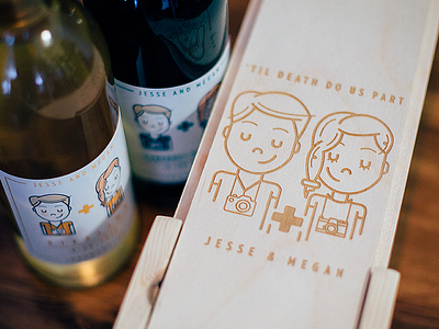 J+M Wedding Wine cartoon engraving illustration packaging stamp til death do us part typography wedding wine wine box wine label