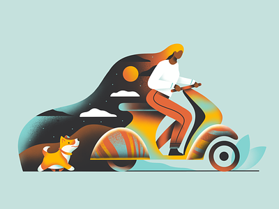 Mind art character design dog flat girl girl character graphic icon illustration minimal motorcycle simple texture ui ux vector vespa web