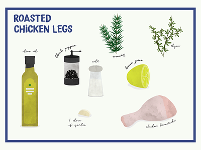 Roasted chicken legs chicken cooking food garlic herbs illustration lemon oil olive pepper postcard print recipe rosemary salt thyme