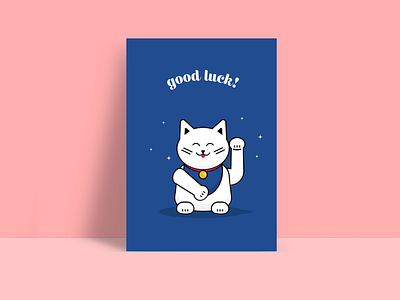 Lucky Cat blue card cat font greeting lucky pink print stars type white