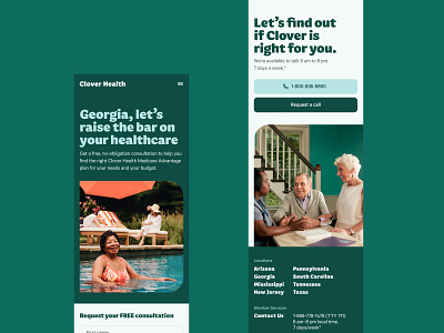 Clover Health – Web Mobile b2c design dtc elderly friendly grandma grandpa green health healthcare insurance medicare minimal mobile nurse phone pool rounded simple website