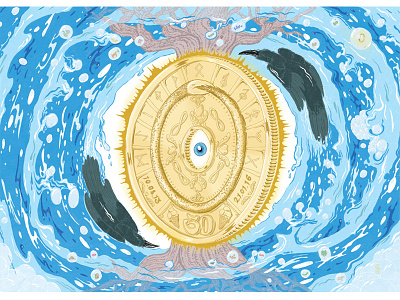 MØNTEN - a personal poster coin design hugin illustration munin mythology nordic norse poster soapwater treeoflife yggdrasil