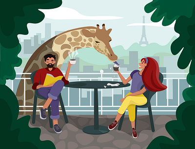 Perfect date balcony date giraffe illustration love paris vector