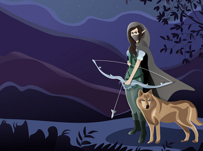 Archer and wolf archer landscape night night hunting vector illustration wolf