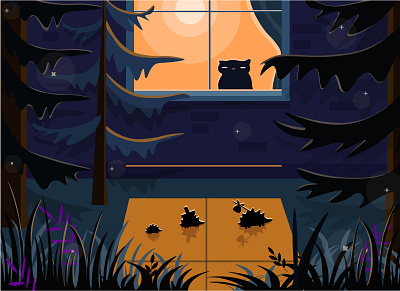 Cat and hedgehogs cat hedgehogs illustration night vector illustration