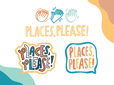 Places, Please! branding cartoon clapping hands hand lettering logos
