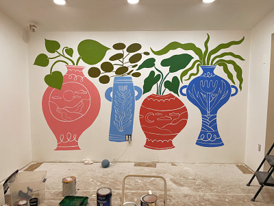 Chop Shop Mural hand drawn illustration mural plant pots plants pots vases