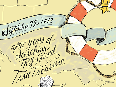 nautical illustration WIP hand drawn lettering life raft ribbon save the date script wedding