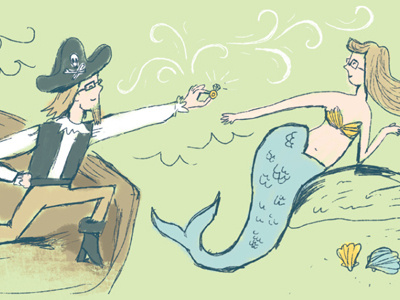 Pirate and Mermaid engagement illustration mermaid pirate save the date wedding