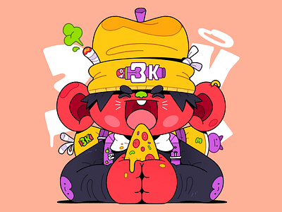 3K. 2d cartoon character characterdesign food happy hat illustration illustrator orange pizza
