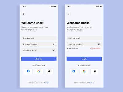 Mobile app login screen and sign up flow