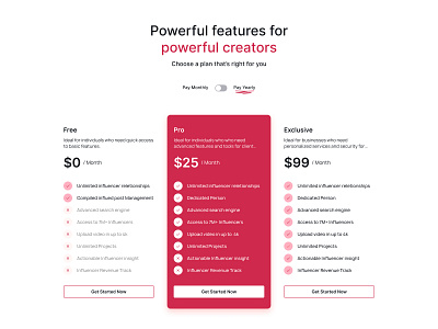 Influence Market Priceing Plan Page