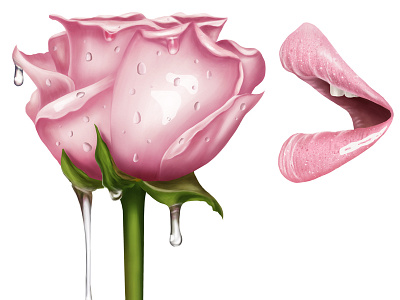 Pink Rose And Lips digital painting drawing hand drawn illustration lips lipstick photoshop pink rose water droplets wet