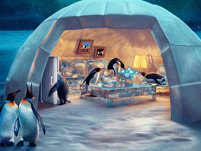 Pinguin party 3d cinema4d composite illustration photoshop render snow