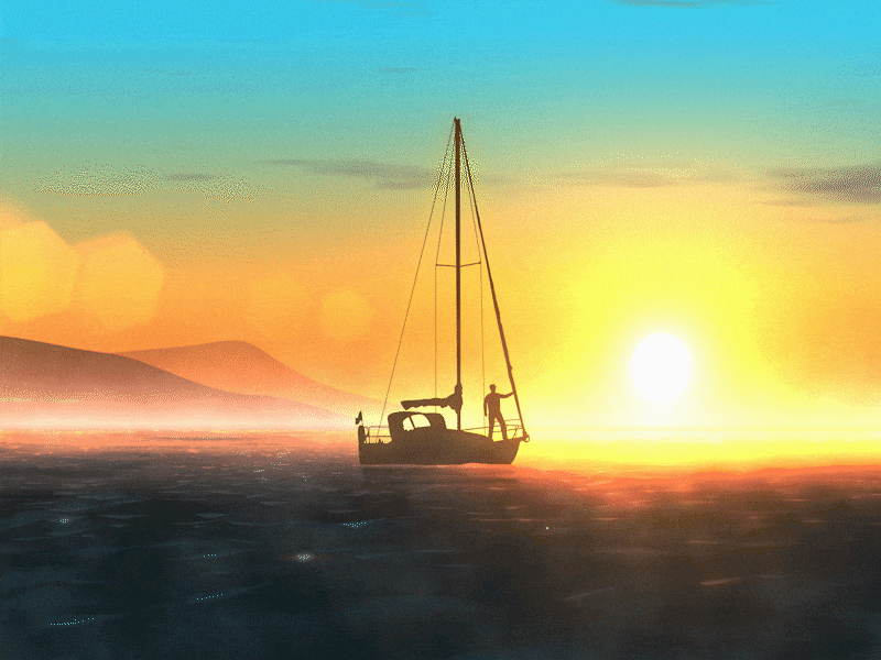 Sunrise at the Cape 2d art after effects animation animation 2d illustration landscape ocean sailboat sunrise trapcode water
