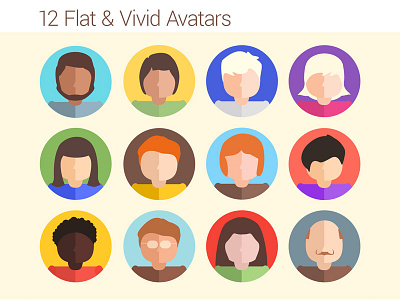 12 Flat Vivid Avatars avatars bright colors characters flat design icons vivid design