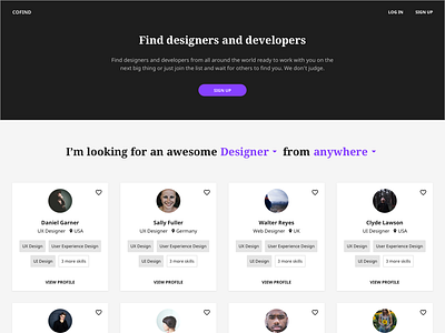 Cofind - Landing Page Design cards cofind landing page material design profile search skills startup ui user interface users ux