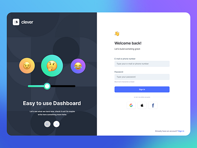 Login Screen from Clever UI Kit (Figma) accounts authentication creative dashboard dashboard ui emoji figma form design interface login profile register security sign in sign up template theme ui web app