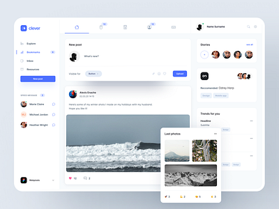 Social Wall in Clever Dashboard UI Kit cards components dashboard elements feed figma navvigation poster social theme uiux wall web app webdesign website