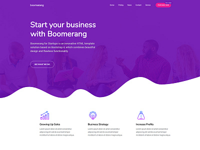 Startup Landing Page - Boomerang Bootstrap Theme agency boomerang business creative design landing page minimalist playful purple template