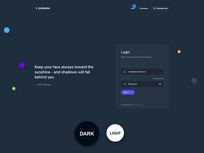 Purpose Login - Basic in Dark/Light mode auth authentication creative dark dark blue forms interface layout layout design light login page modern website register template ui website