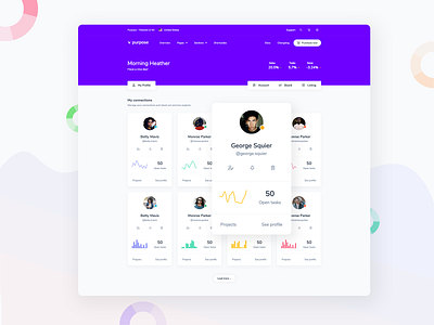 Purpose - Connections Board application ui cards charts connection creative dashboard dashboard design dashboard ui design interface member purple spark stats svg team theme uiuxdesign webapp website