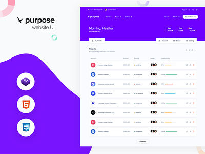 Projects Dashboard - Purpose Website UI Kit account admin app dashboard project stats task