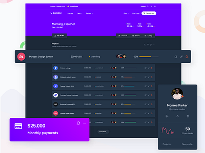 Purpose - Project Listing Table - Dark Mode analitycs bootstrap cards cards ui dark app dark mode dashboard dashboard app layout metrics project project management stats table