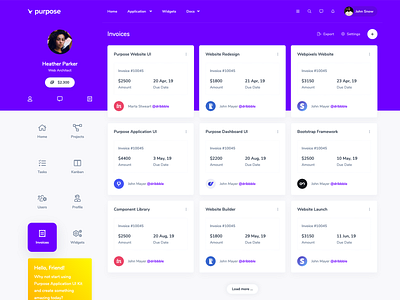 Invoices page from Purpose Application UI Kit