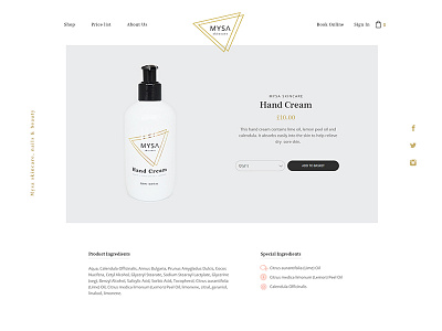 Mysa Product page cream ecommerce gold hand cream product shop skincare web web design website white