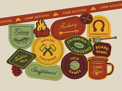 Camp Activity Badges badge design badges branding camp campfire camping design fishing games hand lettering illustration nature outdoors patch patches procreate summer summer camp wandawega wisconsin