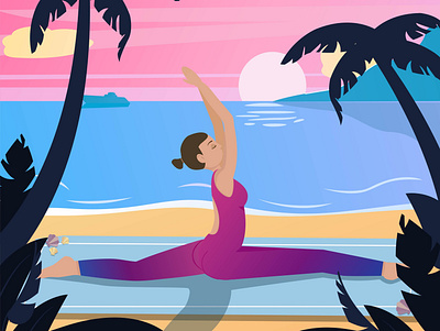 It's Yoga Time flat girl illustration palm tree plants sand sea sunrise sunset tree woman