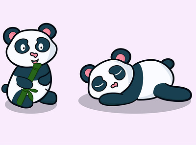 Cute hand-drawn pandas bamboo eat eating flat illustration panda sleep sleeping