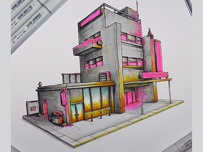 Facing the sunset, at Tokyo Rose Hotel copic game design level design markers synthwave