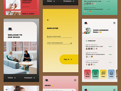 Company App brand chat colors company employee food log news rooms typography ui ux vector