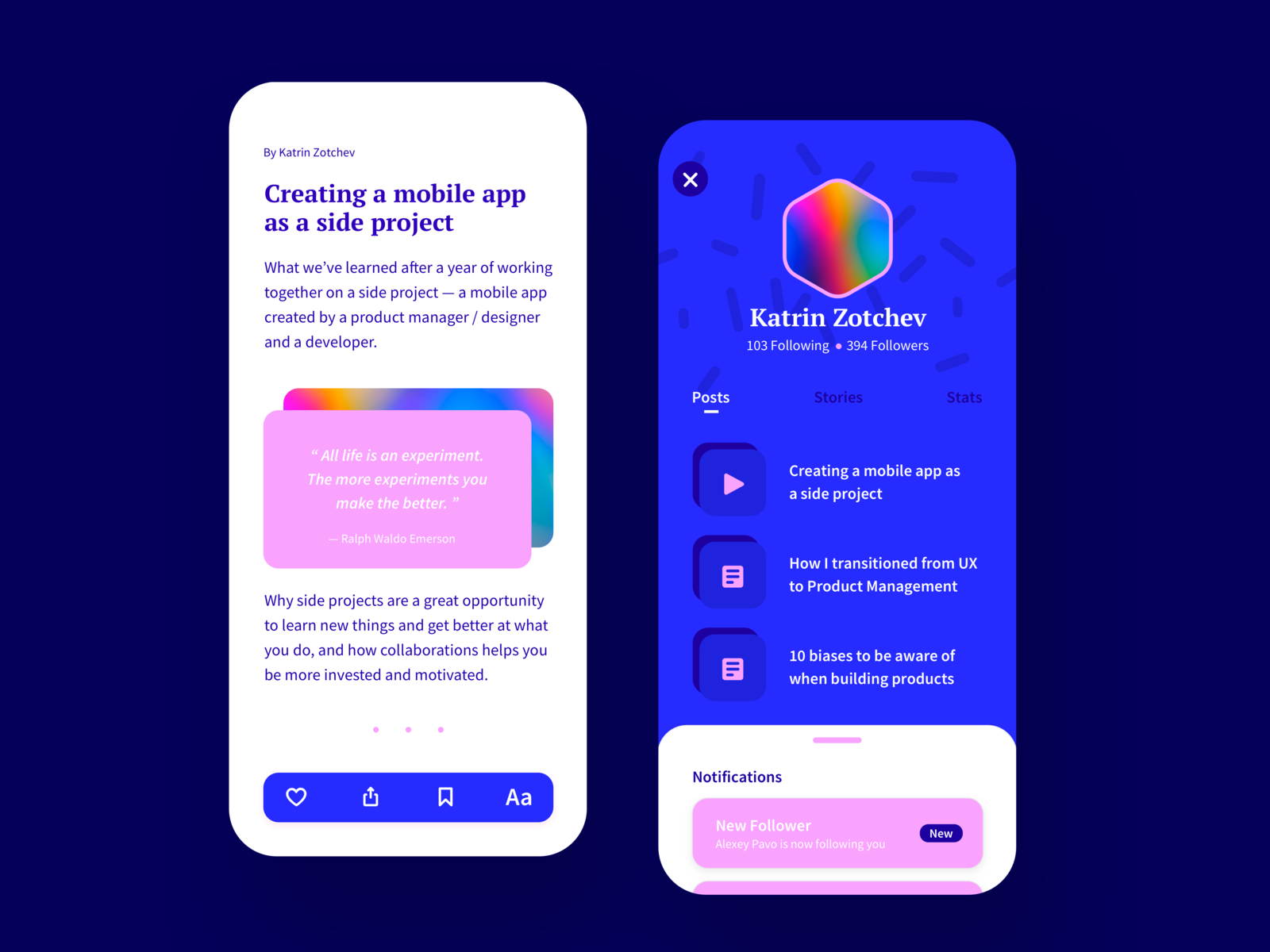 Blogging app - UI exploration by Katrin Zotchev on Dribbble