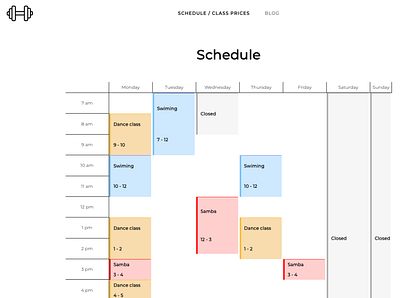 Class schedule of a gym