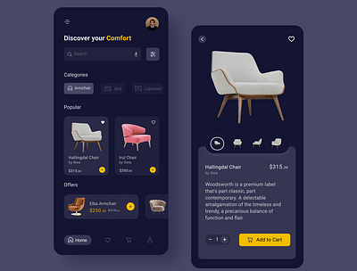 Furniture Store App app design clean darkui ecommerce furniture furniture app furniture store minimal mobile app mobile ui online furniture online store shopping uiux