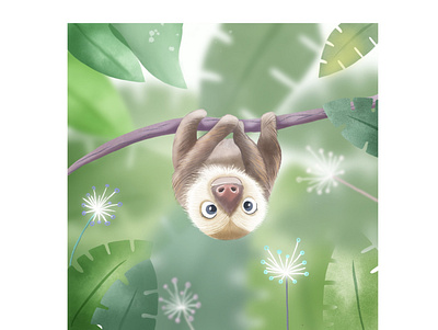 Baby sloth in the wild adorable animal baby big eyes brunch cute digital exotic friendly funny fur green illustration jungle leaves nature sloth tropical wild