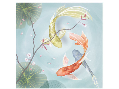 Koi fishes in the pond artwork asia beauty branches digital fishes flowers harmony illustration japan koi leaves nature peace pond sakura swimming water zen