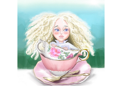 Cup of teen baby beautiful blond book illustration cartoon character digital artwork fairy fairy tale fantasy folk tale girl girlish green illustration kids little magical princess tea cup