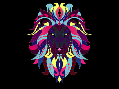 Lion abstract animal artwork beautiful black background blue colored digital eyes fantasy illustration life lion pink psyphodelic purple vector vibrance wild yellow