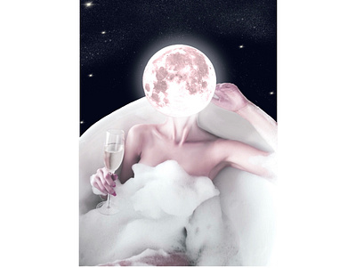 “The Moon” Art Collage. art collage artwork bath tube bathing beautiful champagne cosmic digital dream dreamworld fantasy femin graphic design having bath moon night sky photoshop planet stars woman