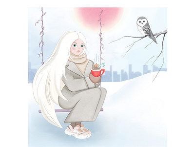 Christmas card. Beautiful girl in the winter forest. artwork beautiful big eyes bird blonde girl christmas card cold cup of coffee digital forest frost illustration long hair girl owl snow sun trendy coat winter witch