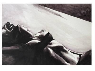 Melting with the shadows artwork beauty blackwhite body bra breast erotic fit lady laying down monochromatic neck painting sensuality sexual underwear watercolor woman