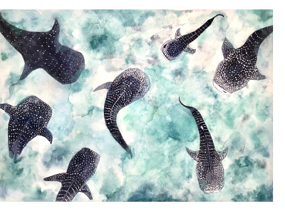 Whale sharks. artwork beauty blue creatures fish green illustration nature ocean sea tails water watercolor whale sharks wild