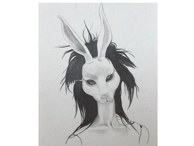 White rabbit mask artwork character doll eyes fairytale fantasy illustration pencil graphic portrait rabbit mask weird