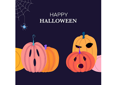 Halloween greeting card. artwork curved pumpkins dark background design digital halloween happy halloween illustration jack o lanterns night pumpkins scary spider web spooky